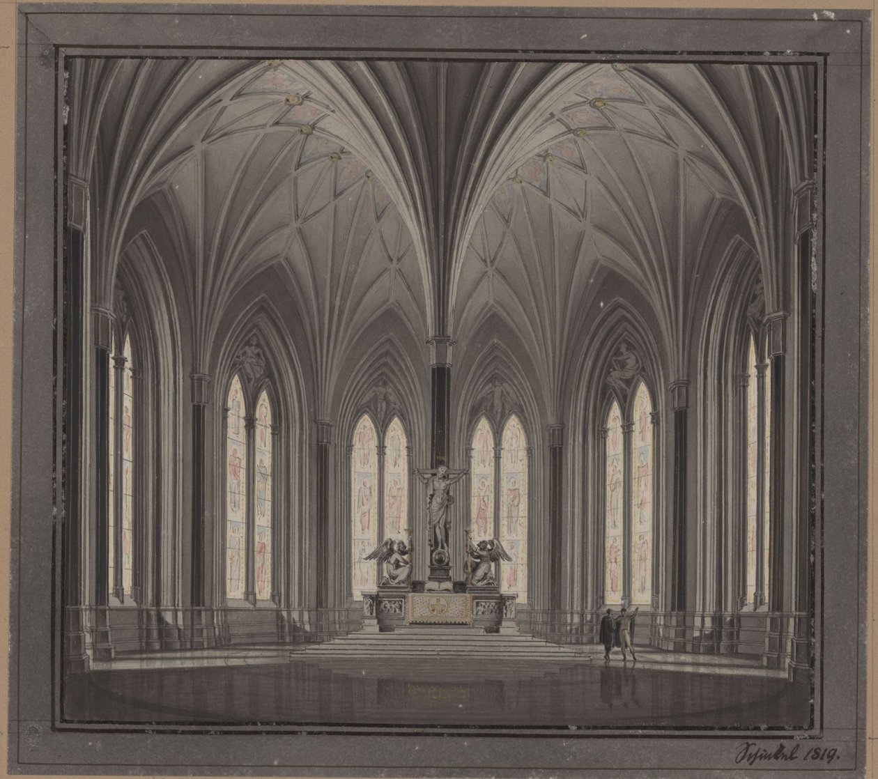Berlin, Spittelmarkt. Udkast til Sankt Gertruds Kirke. Indvendigt blik mod koret af Karl Friedrich Schinkel