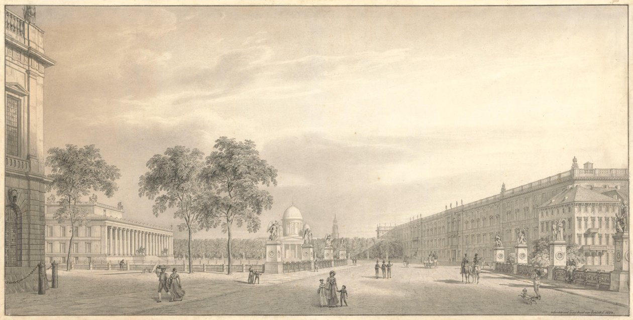 Berlin, Unter den Linden. Udsigt over Lustgarten med Schlossbrücke, Altes Museum, domkirken og slottet af Karl Friedrich Schinkel