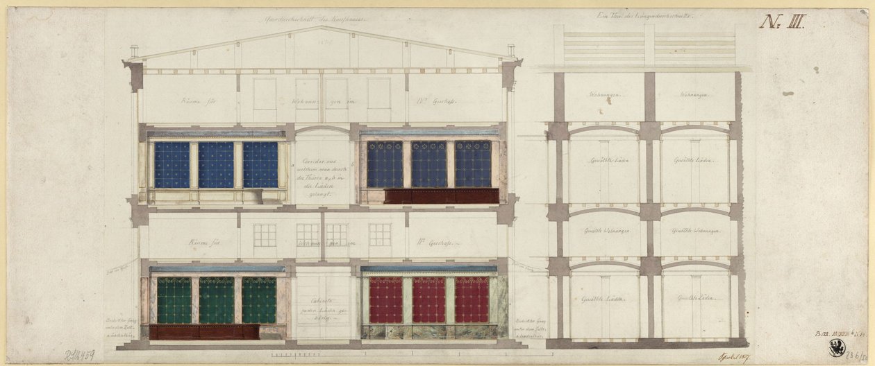Berlin, Unter den Linden. Udkast til et stormagasin. To snit af Karl Friedrich Schinkel