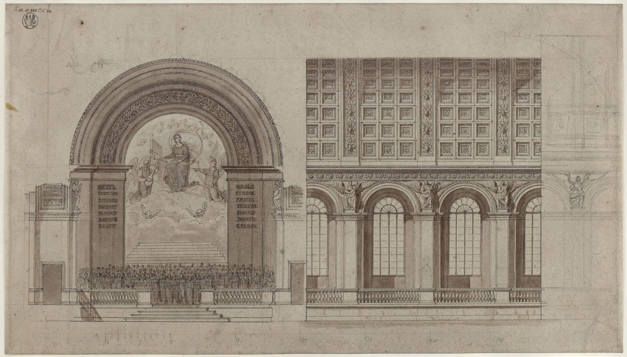 Berlin, Unter den Linden. Udkast til en sal for Sing-Akademie i Akademie der Künstes bageste fløj. Tværsnit og længdesnit af Karl Friedrich Schinkel