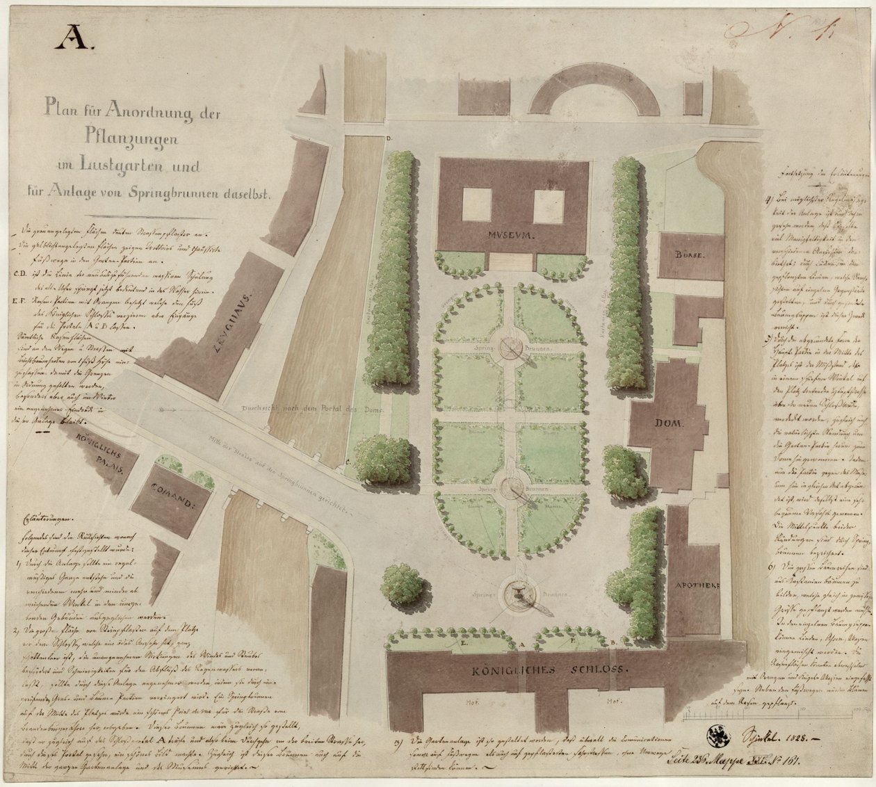 Berlin, Unter den Linden. Udkast til udformning af Lustgarten af Karl Friedrich Schinkel