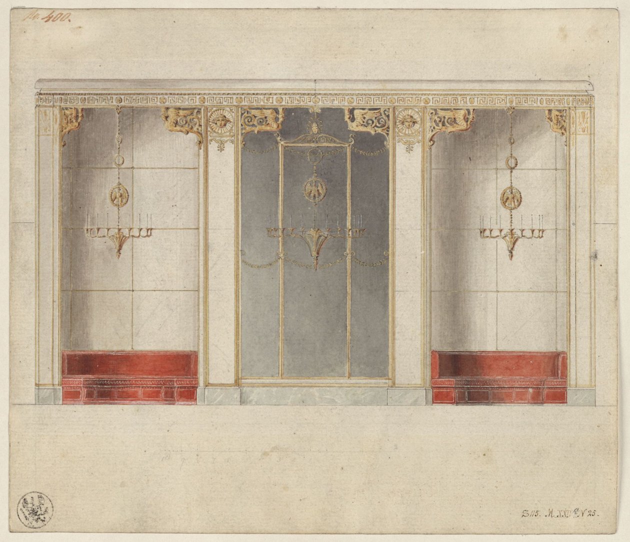Berlin, Wilhelmstraße 102. Prins Albrecht af Preussens palæ, udkast til marmorsalen af Karl Friedrich Schinkel