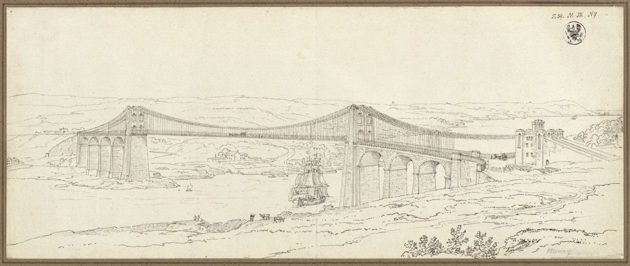 Udsigt til hængebroen over Menaistrædet nær Bangor i Wales af Karl Friedrich Schinkel