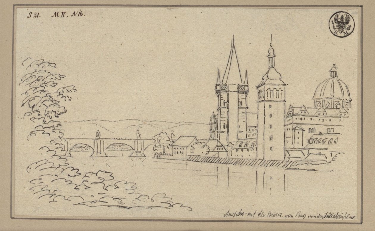Udsigt over Karlsbroen i Prag med brotårnet i den gamle bydel og kuplen på Korsherre-kirken af Karl Friedrich Schinkel