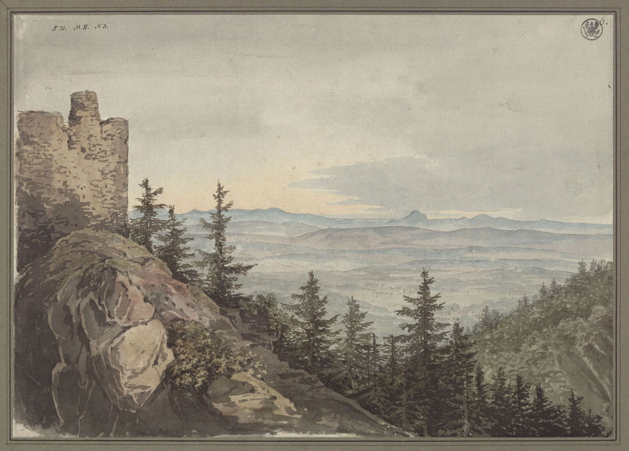 Udsigt fra ruinen Geiersburg over sletten ved Teplitz med klostret Maria Schein, med de bøhmiske bjerge i baggrunden af Karl Friedrich Schinkel