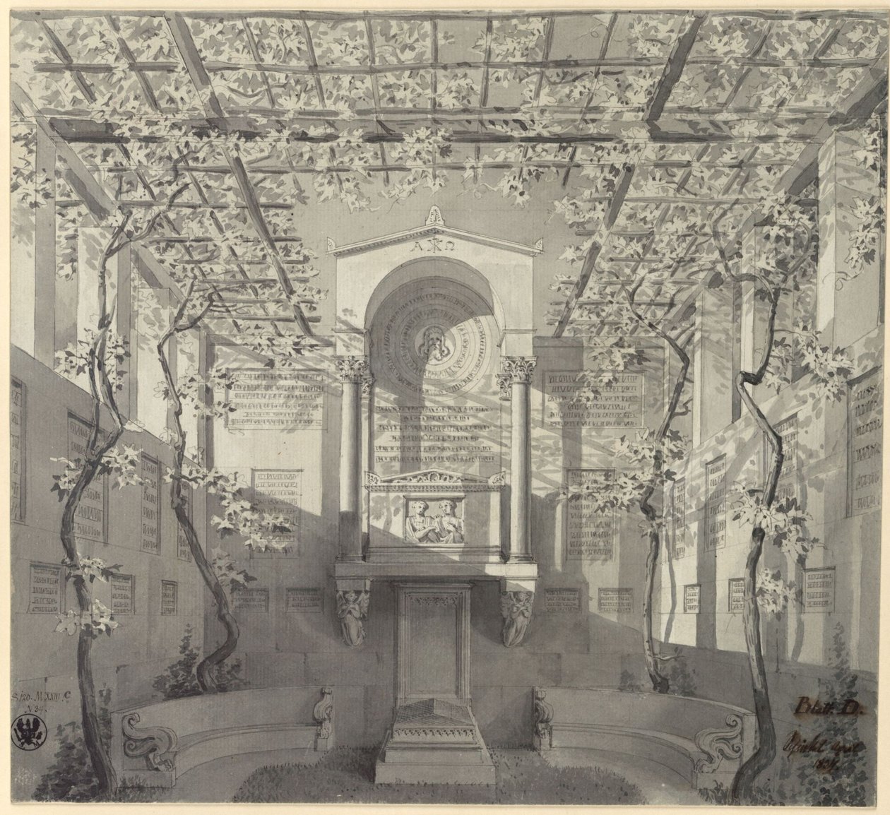 Bonn. Udkast til gravmonument for Barthold Georg Niebuhr, med pergola af Karl Friedrich Schinkel
