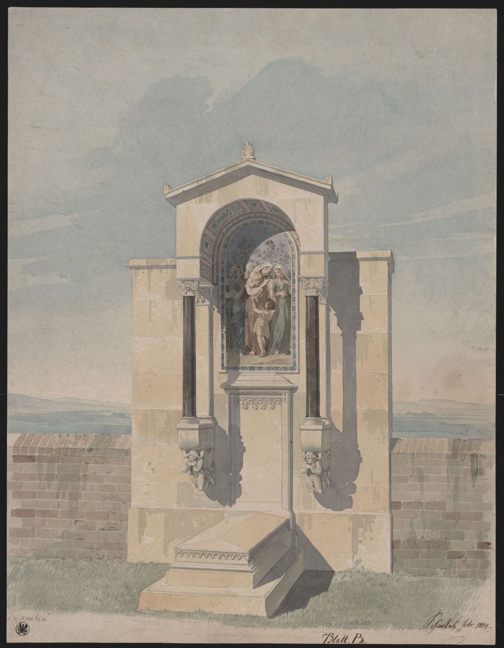 Bonn. Udkast til gravmonumentet for Barthold Georg Niebuhr med billedet af de kristne dyder «Tro, Kærlighed, Håb» af Karl Friedrich Schinkel