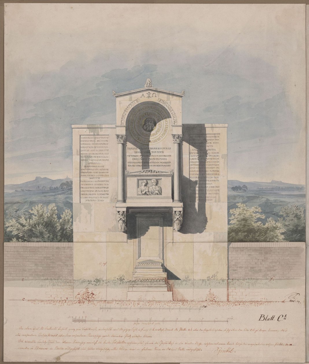 Bonn. Udkast til gravmonumentet for Barthold Georg Niebuhr med ægteparrets reliefportræt af Karl Friedrich Schinkel