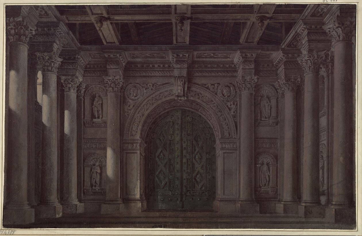 Bruden fra Messina. Sørgespil af Friedrich Schiller. Udkast til 1. og sidste dekoration. Hal med søjler og portal af Karl Friedrich Schinkel
