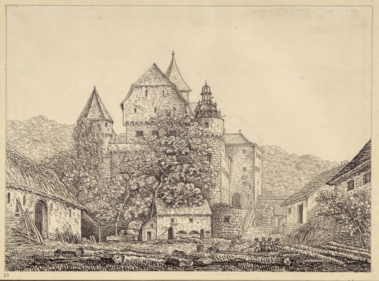 Slotslignende bygningsgruppe i et bjerglandskab af Karl Friedrich Schinkel