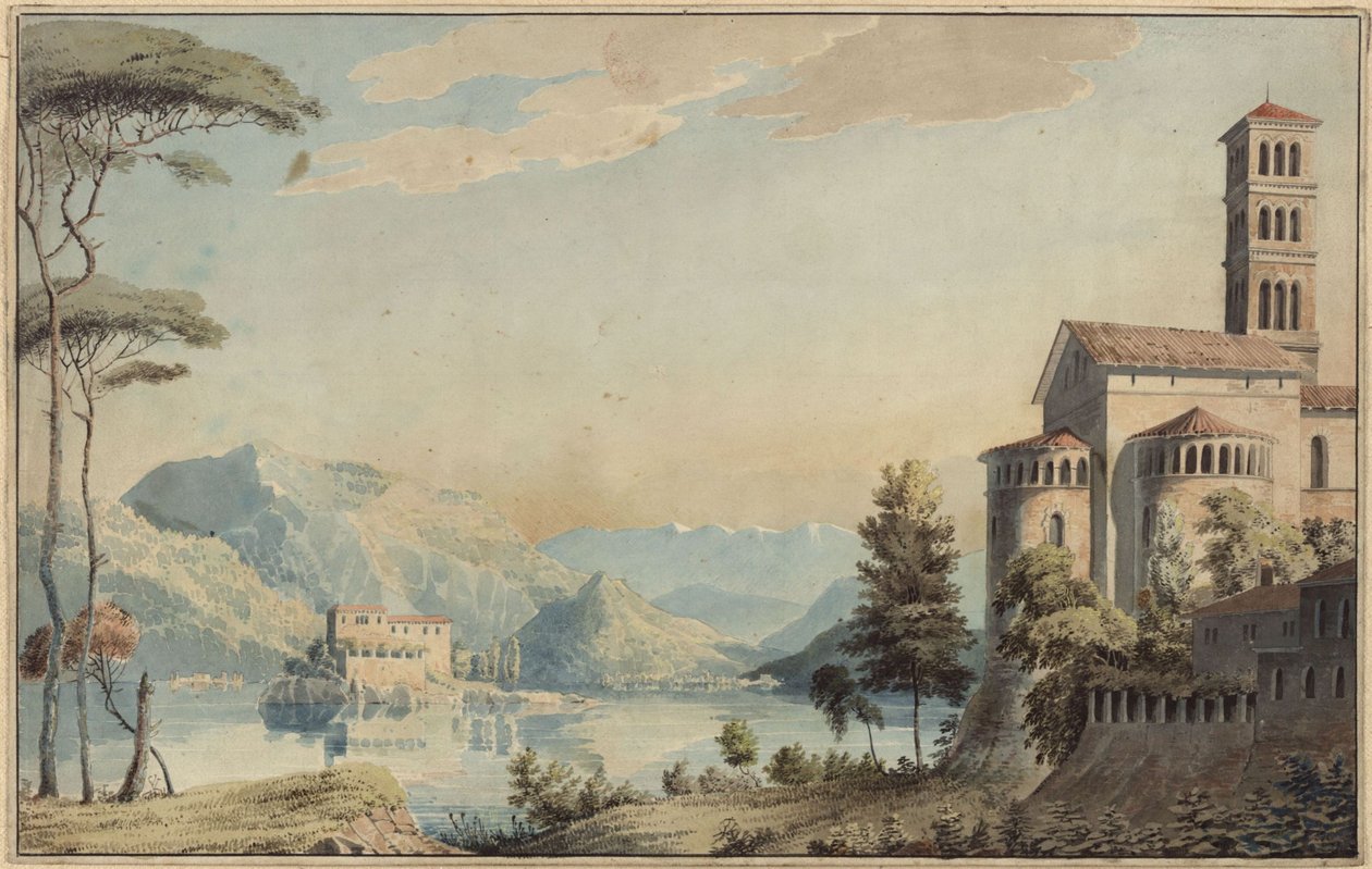 Dekoration til almindelig brug. Landskab med sø og kirke af Karl Friedrich Schinkel