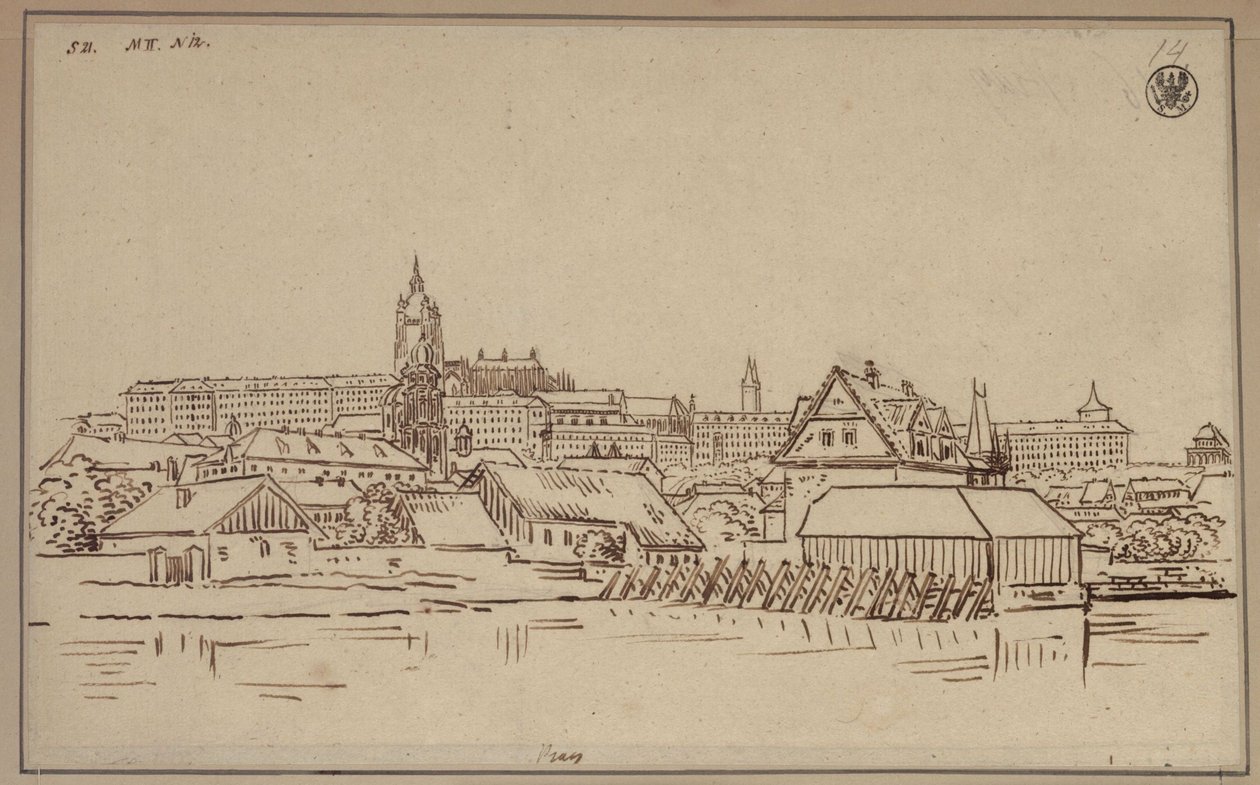 Hradčany i Prag, med bygninger på Malá Strana i forgrunden af Karl Friedrich Schinkel
