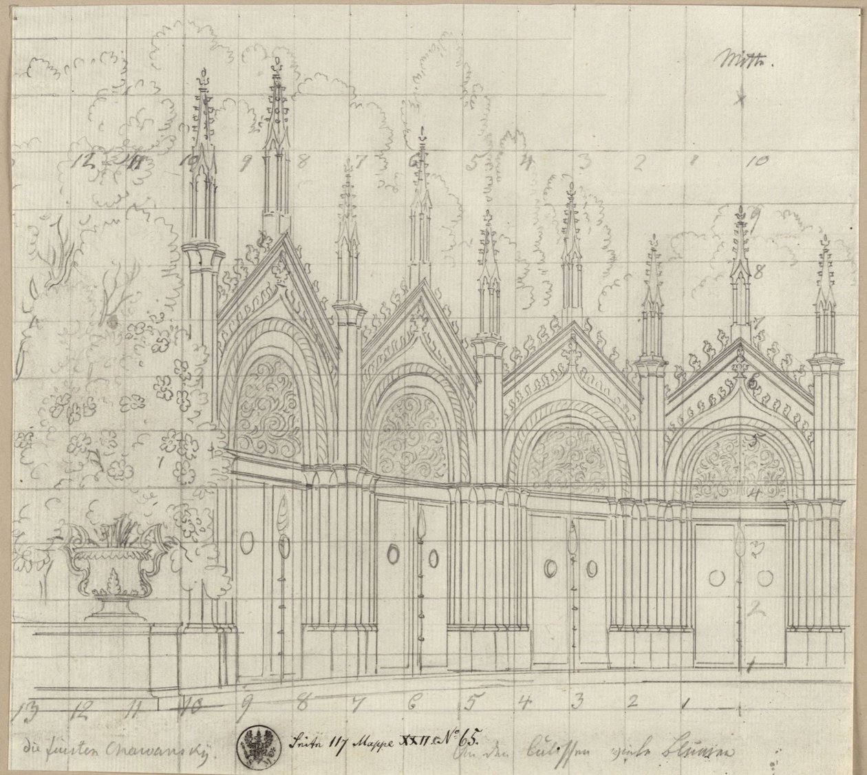 Fyrsterne Chawansky. Sørgespil af Ernst Raupach. Udkast til en dekoration. Sankt Georgs kapel af Karl Friedrich Schinkel
