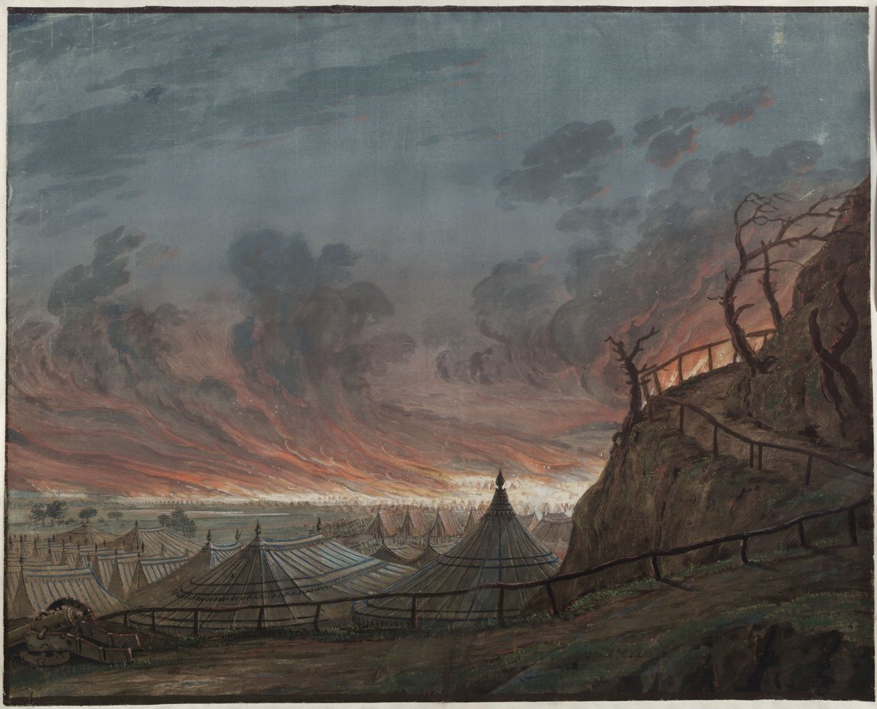 Jomfruen fra Orléans. Tragedie af Friedrich Schiller. Udkast til den 4. dekoration. Englændernes brændende lejr af Karl Friedrich Schinkel