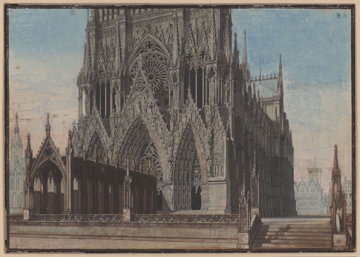 Jomfruen fra Orléans. Tragedie af Friedrich Schiller. Udkast til den 9. kulisse. Facaden på katedralen i Reims af Karl Friedrich Schinkel