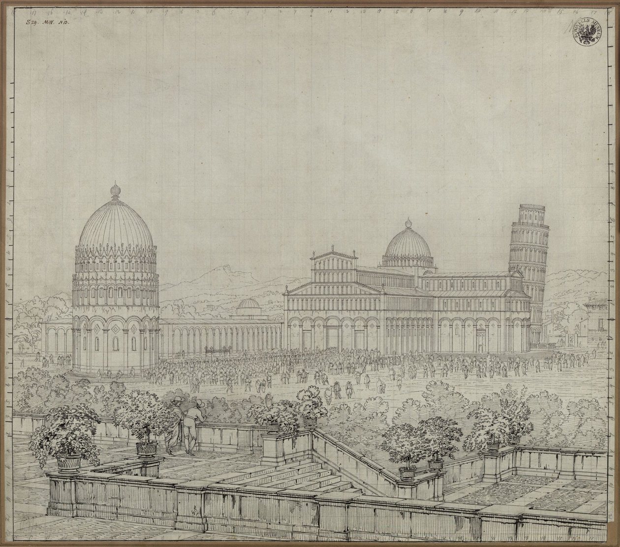 "Katedralen, det skæve tårn, Camposanto og dåbskapellet i Pisa" af Karl Friedrich Schinkel