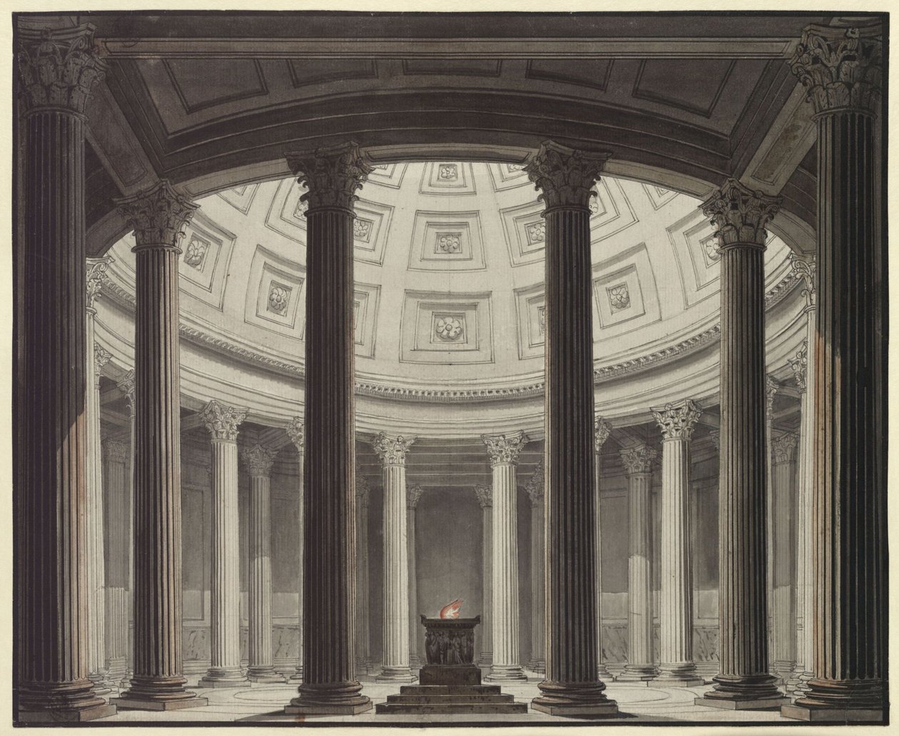 Vestalen. Opera af Gaspare Spontini. Udkast til 2. dekoration. Indblik i Vestas tempel af Karl Friedrich Schinkel