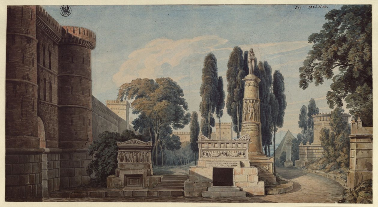 Vestalen. Opera af Gaspare Spontini. Udkast til den 3. dekoration. Udsigt over en antik romersk gravgade af Karl Friedrich Schinkel