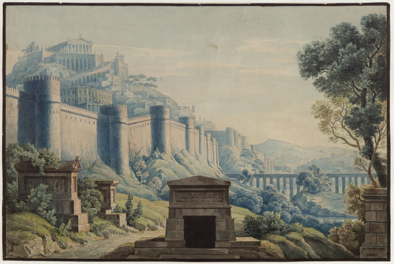 Vestalen. Opera af Gaspare Spontini. Udkast til 3. dekoration. Antikinspireret by på et bjerg bag høje mure af Karl Friedrich Schinkel