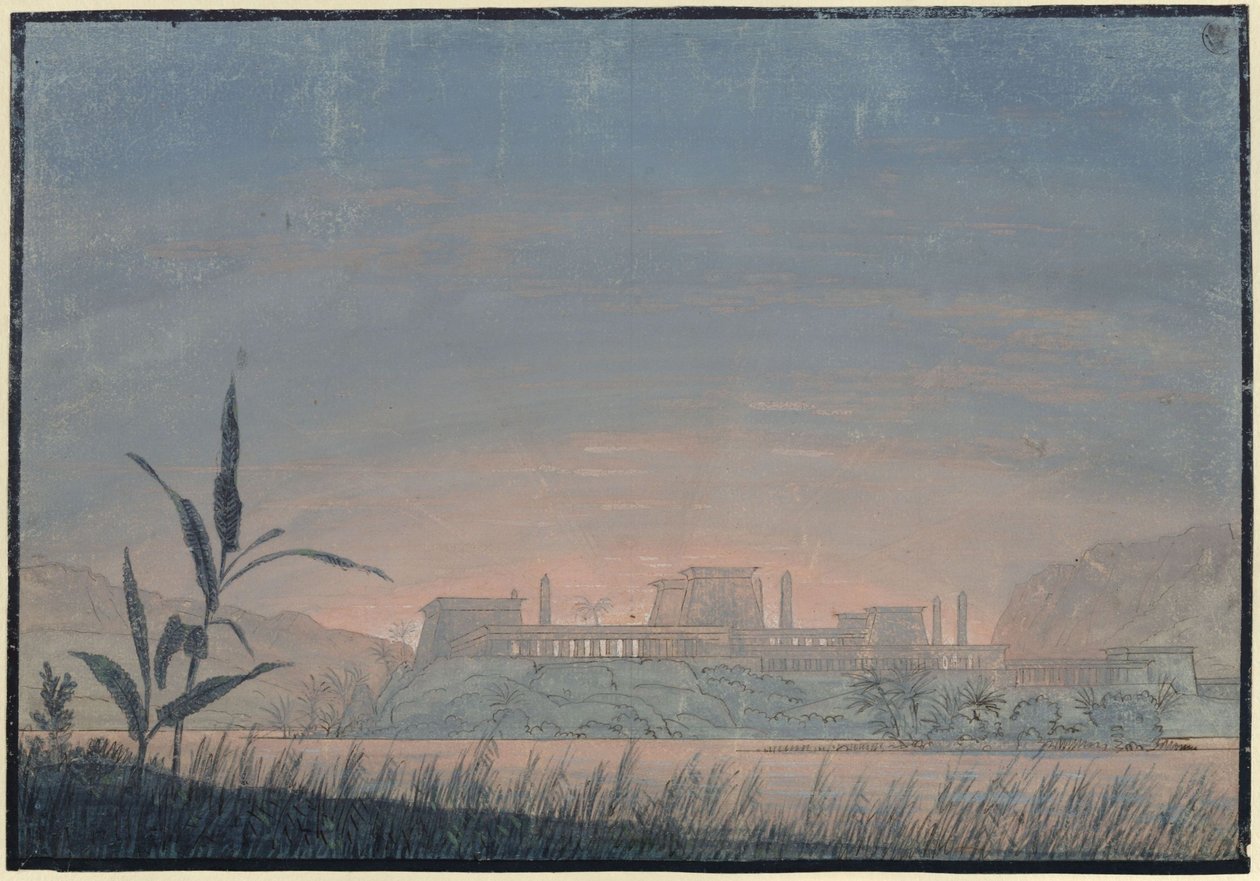 Tryllefløjten. Opera af Wolfgang Amadeus Mozart. Udkast til den 10. dekoration. Landskab med Sarastros borg af Karl Friedrich Schinkel