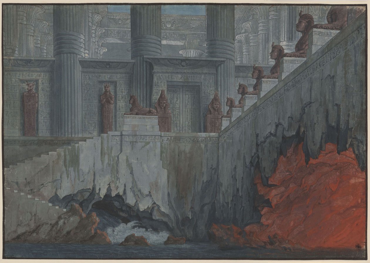 Tryllefløjten. Opera af Wolfgang Amadeus Mozart. Udkast til den 11. dekoration. Ildens og vandets tempel af Karl Friedrich Schinkel