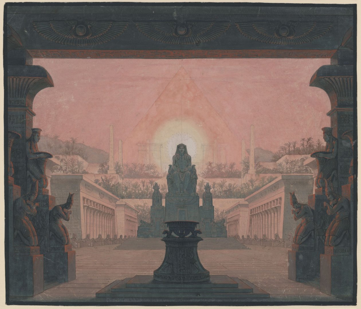 Tryllefløjten. Opera af Wolfgang Amadeus Mozart. Udkast til den 12. dekoration. Sarastros soltempel af Karl Friedrich Schinkel