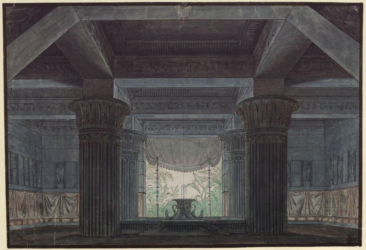 Tryllefløjten. Opera af Wolfgang Amadeus Mozart. Udkast til den 3. dekoration. Sal i Sarastros borg af Karl Friedrich Schinkel