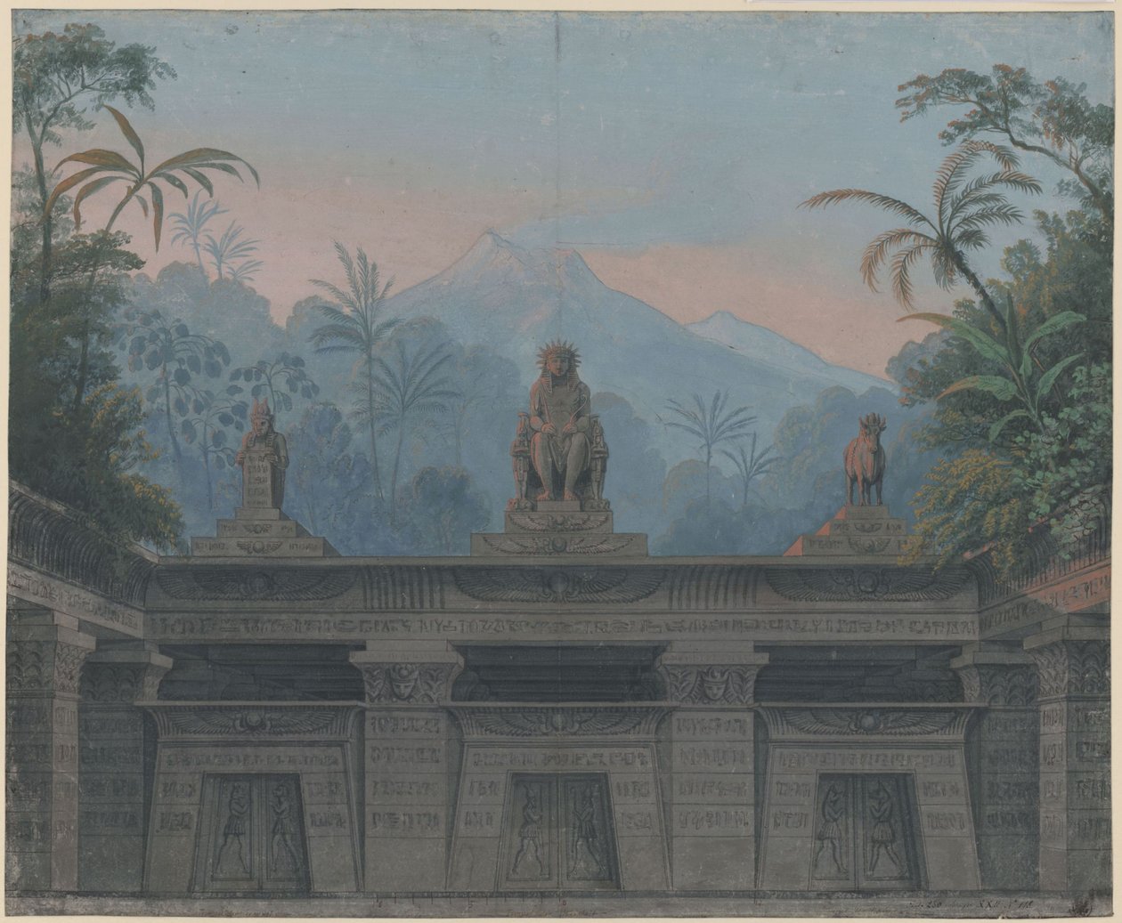 Tryllefløjten. Opera af Wolfgang Amadeus Mozart. Udkast til 4. kulisse. Forpladsen til Sarastros tempel af Karl Friedrich Schinkel