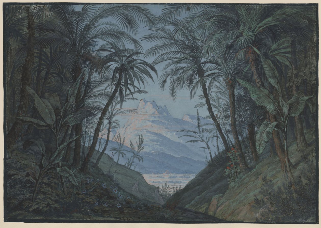 Tryllefløjten. Opera af Wolfgang Amadeus Mozart. Udkast til 5. kulisse. Palmelund, stedet for præsternes forsamling af Karl Friedrich Schinkel