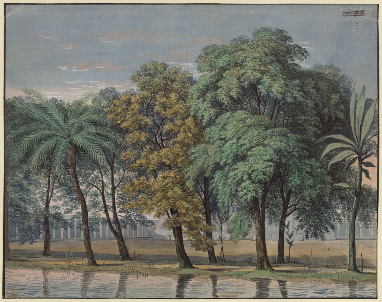 Tryllefløjten. Opera af Wolfgang Amadeus Mozart. Udkast til  6. kulisse. Forpladsen foran prøvetemplet af Karl Friedrich Schinkel