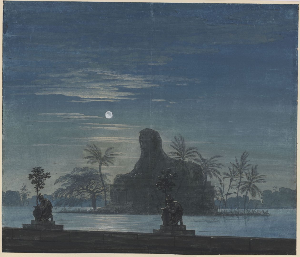 Tryllefløjten. Opera af Wolfgang Amadeus Mozart. Udkast til den 7. kulisse. Sarastros have med sfinksen i måneskin af Karl Friedrich Schinkel