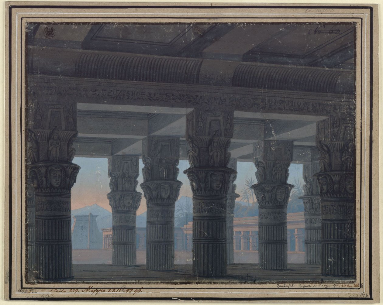 Tryllefløjten. Opera af Wolfgang Amadeus Mozart. Udkast til den 8. dekoration. Labyrintens forhal af Karl Friedrich Schinkel