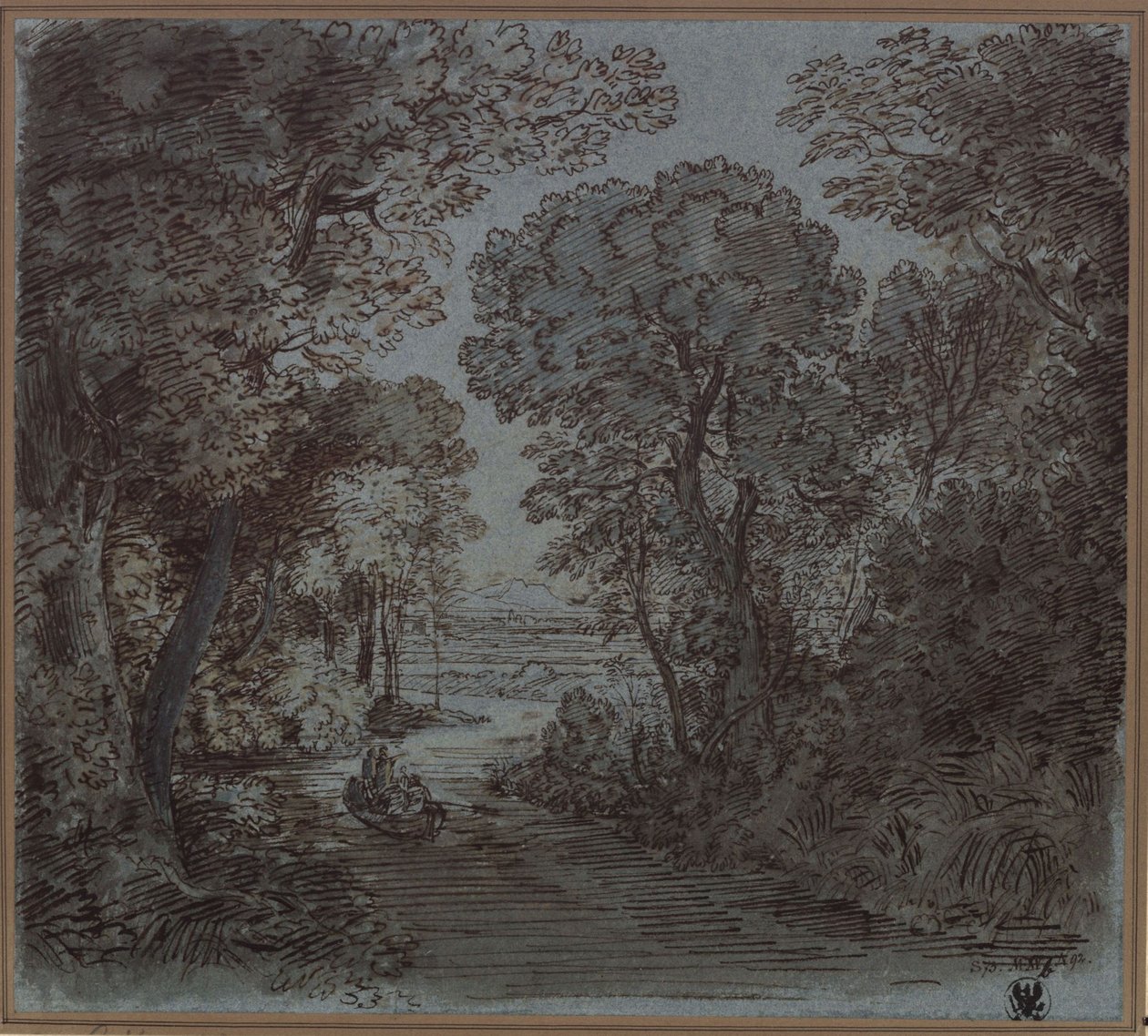 En flod under træerne med udsigt til et bjerg i det fjerne af Karl Friedrich Schinkel