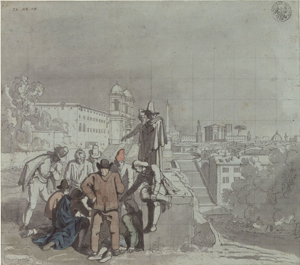 En gruppe spillere med kirken Santa Trinità dei Monti i Rom i baggrunden af Karl Friedrich Schinkel