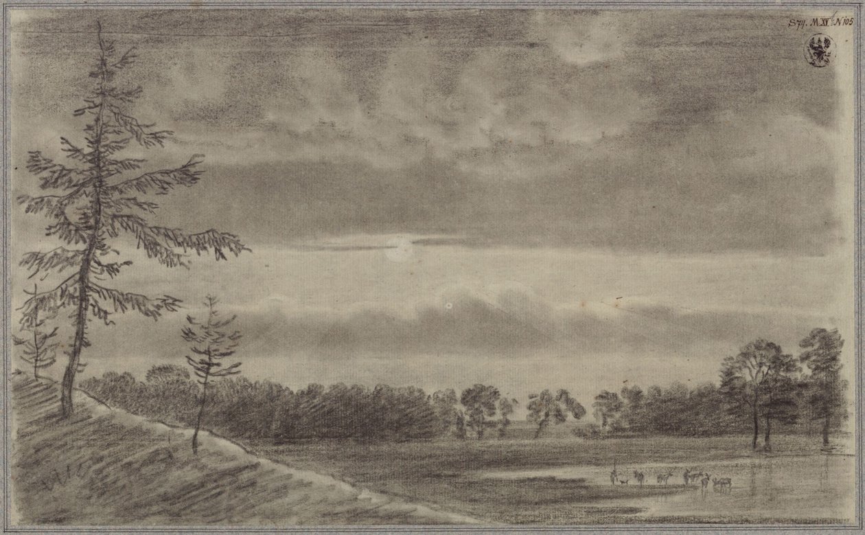 En eng med træer og kvæg af Karl Friedrich Schinkel