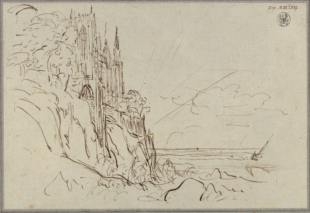 En gotisk kirke på en stejl havkyst foran den opgående sol af Karl Friedrich Schinkel
