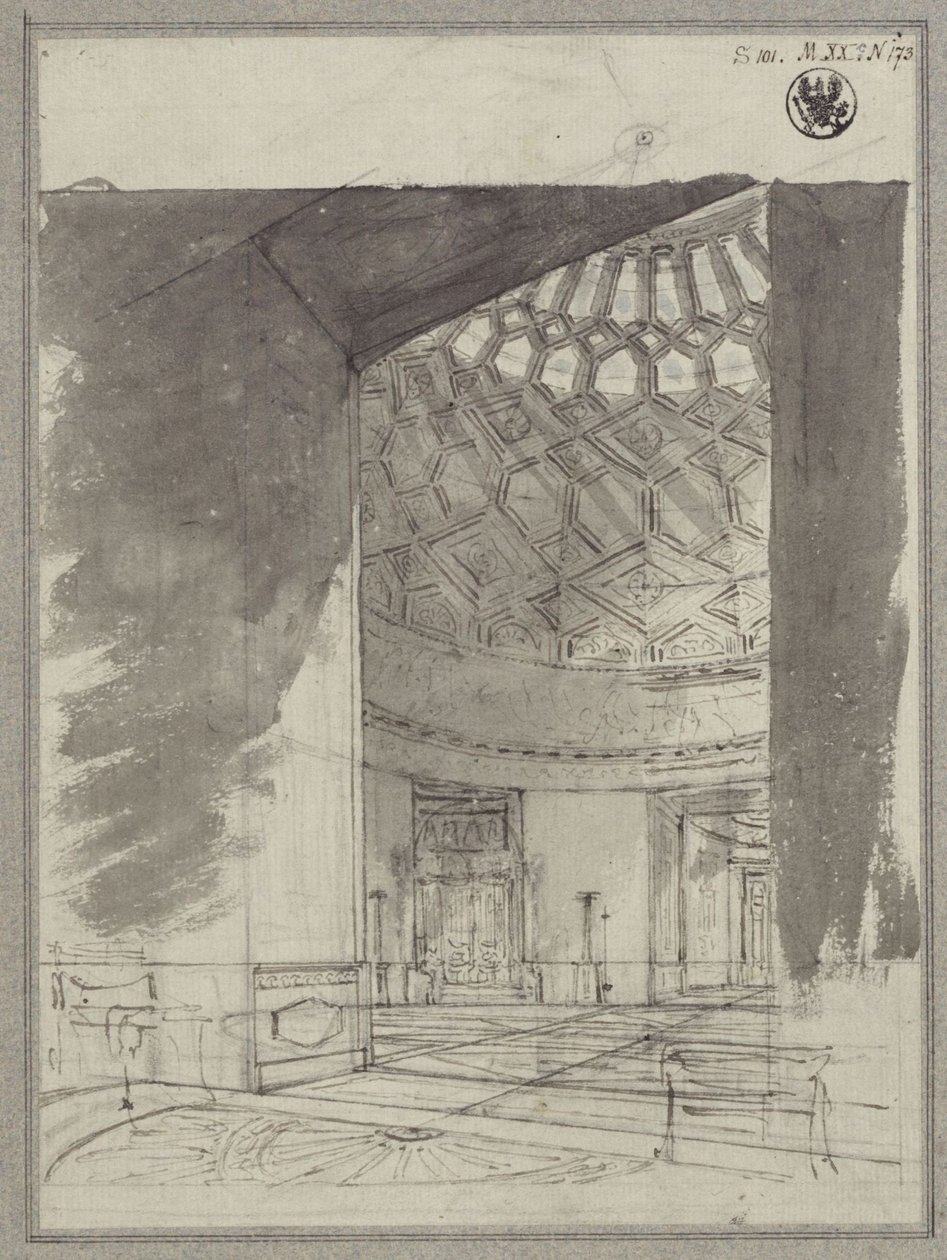 Engelsk landsted. Udsigt ind i rummet med kuppel og kassetteloft af Karl Friedrich Schinkel