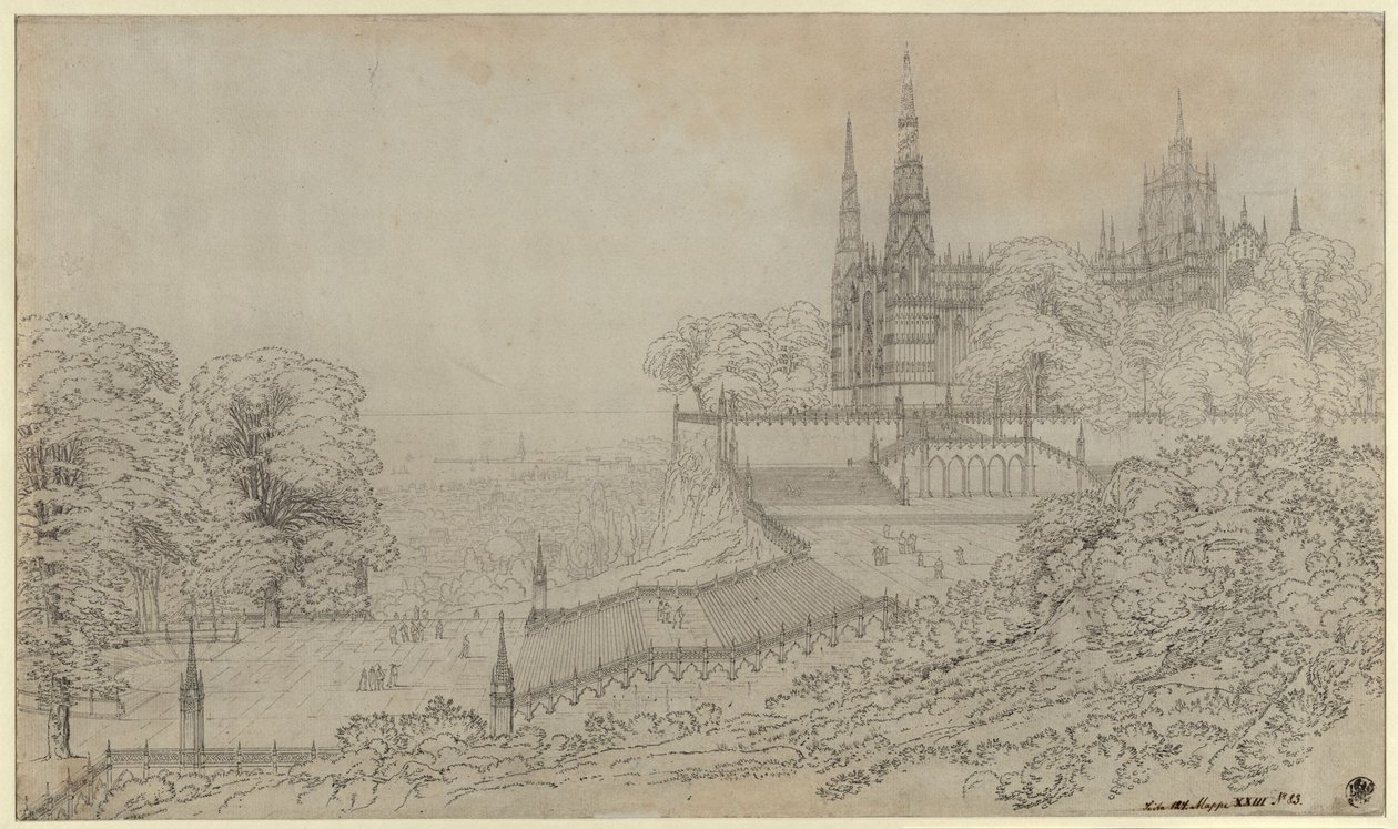 „Udkast til en teaterdekoration, en katedral på højden over en stor by ved havet“ / Stor komposition, som Milanos domkirke burde være placeret af Karl Friedrich Schinkel