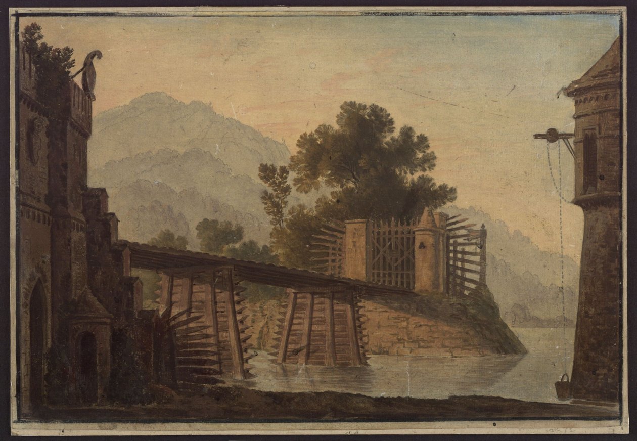 Faniska. Opera af Luigi Cherubini. Udkast til 3. kulisse. Bro over en sø af Karl Friedrich Schinkel