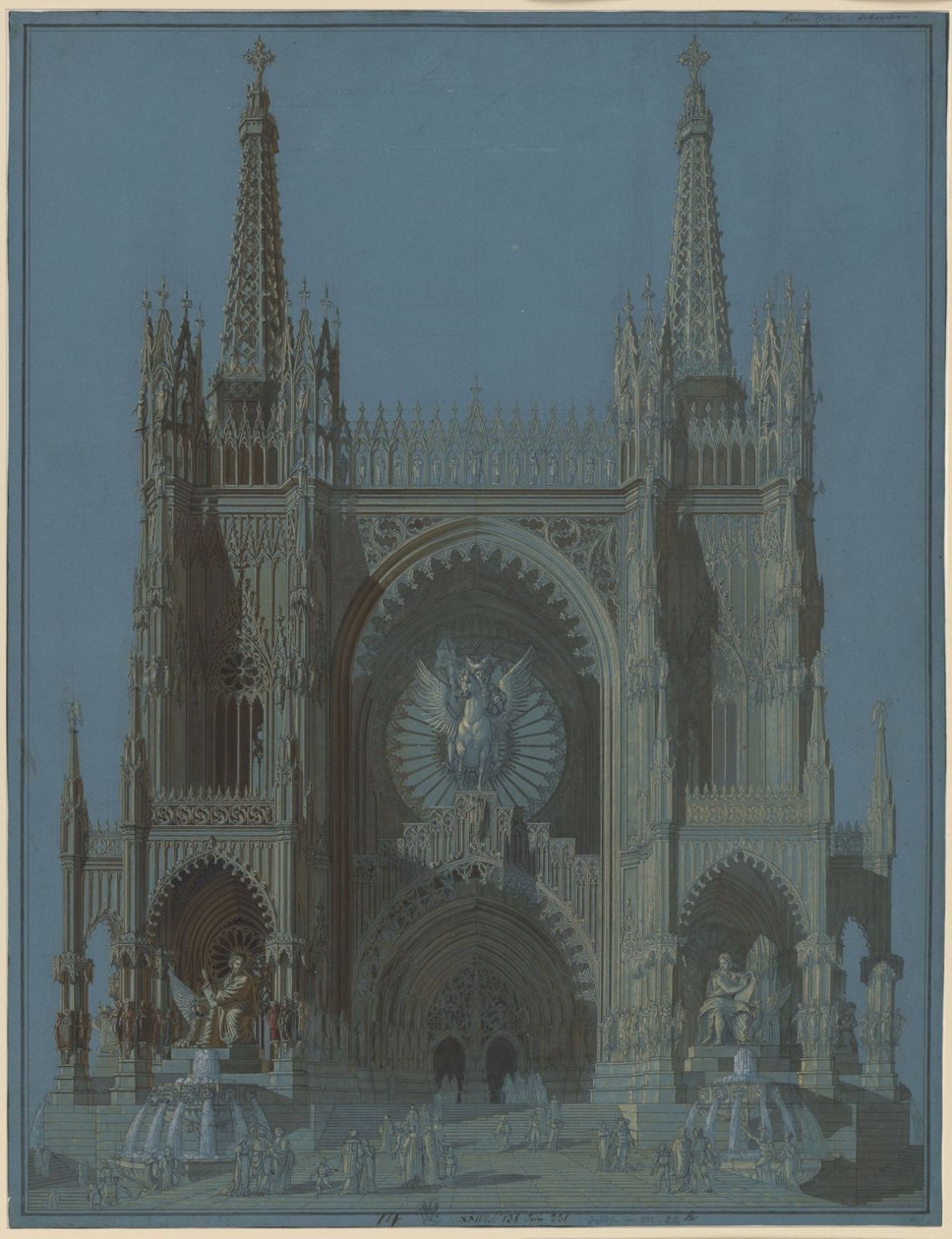 Facade på en gotisk katedral med to tårne af Karl Friedrich Schinkel
