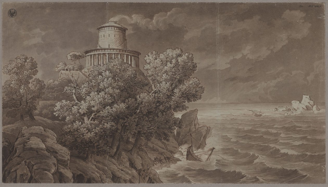 Klippekyst med et fyrtårn i antik stil i oprørt hav af Karl Friedrich Schinkel
