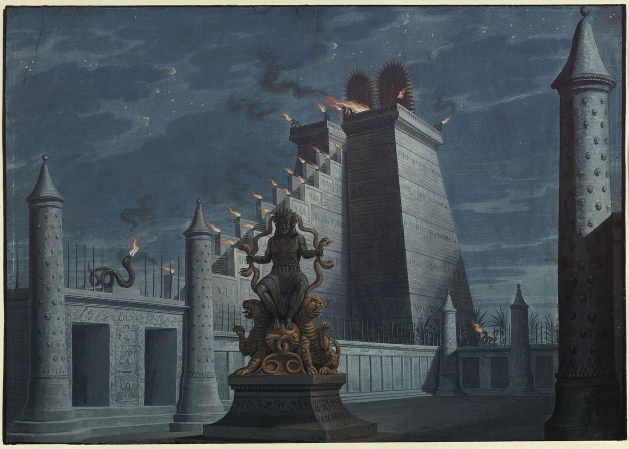 Fernand Cortez, eller: Erobringen af Mexico. Opera af Gaspare Spontini. Udkast til 1. kulisse. Indianernes ildtempel af Karl Friedrich Schinkel
