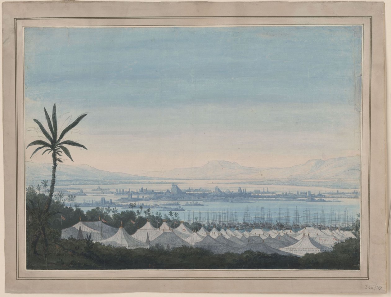 Fernand Cortez, eller: Erobringen af Mexico. Opera af Gaspare Spontini. Udkast til den 2. dekoration. Udsigt over Mexico City og spaniernes lejr af Karl Friedrich Schinkel