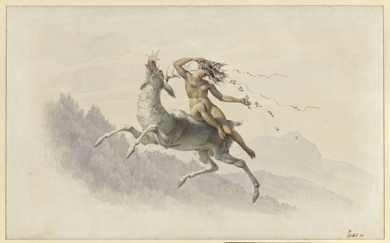 En kvinde på en hjort, der svæver i luften af Karl Friedrich Schinkel