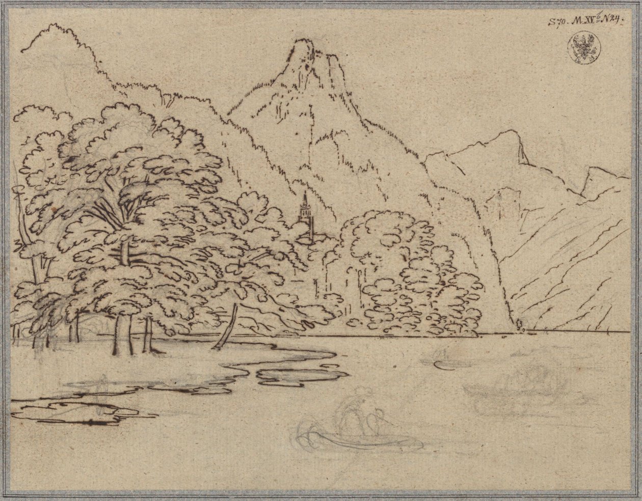Bjerglandskab med sø, sandsynligvis Traunsee med Kleiner Sonnstein af Karl Friedrich Schinkel
