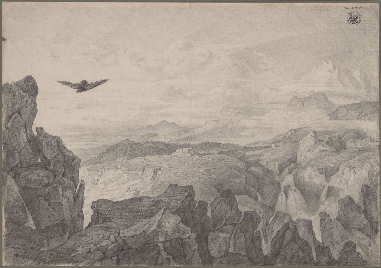 Bjerglandskab med en svævende ørn af Karl Friedrich Schinkel