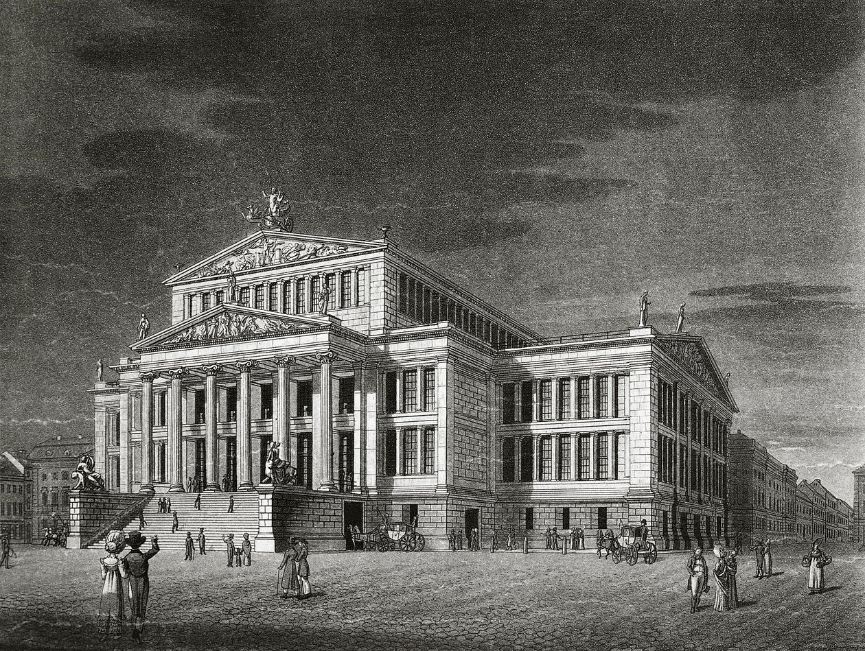 Tyskland, Berlin, udsigt over Schauspielhaus (koncertsal), stik af Karl Friedrich Schinkels (1781-1841) af Karl Friedrich Schinkel