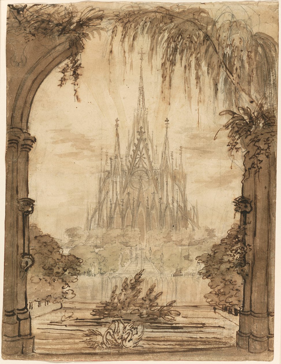 Gotisk katedral bag en dam med svaner af Karl Friedrich Schinkel