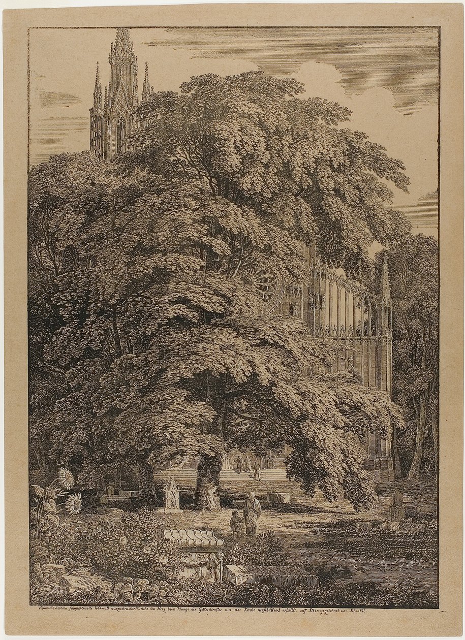 Gotisk kirke bag en egelund med grave af Karl Friedrich Schinkel