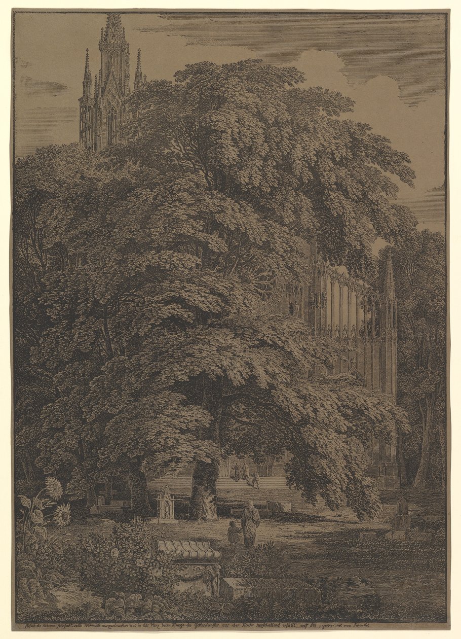 Gotisk kirke skjult af et træ, 1810. af Karl Friedrich Schinkel
